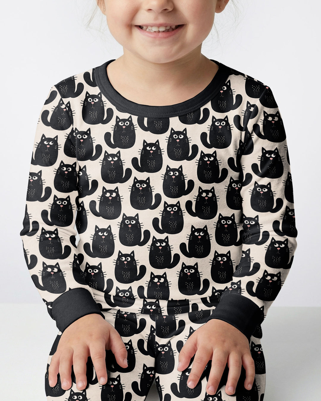 Moody Black Cats in Black and White Bamboo Two Piece Long Sleeve Pajama Set