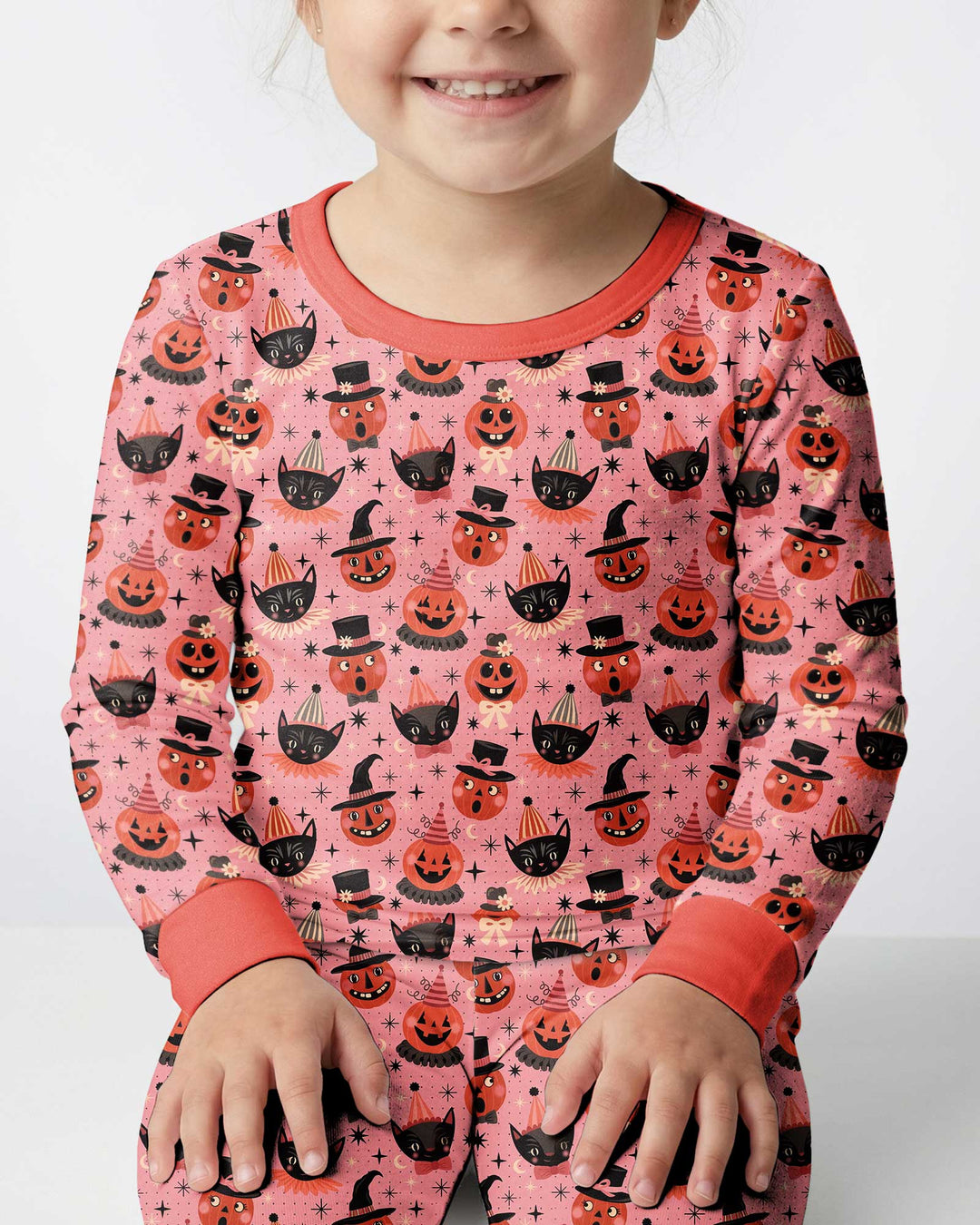 Retro Halloween Cats and Funny Pumpkins Bamboo Two Piece Long Sleeve Pajama Set