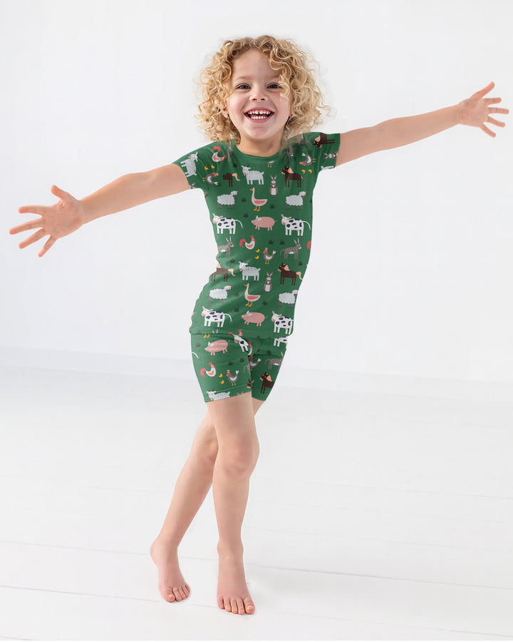 Green Farm Animals Bamboo Two Piece Short Sleeve Shorts Pyjamas Set