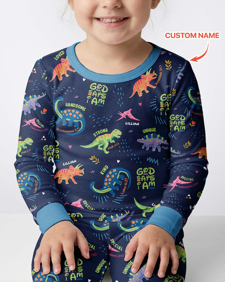 Custom Name God says I am Dinosaur Bamboo Two Piece Long Sleeve Pyjamas Set