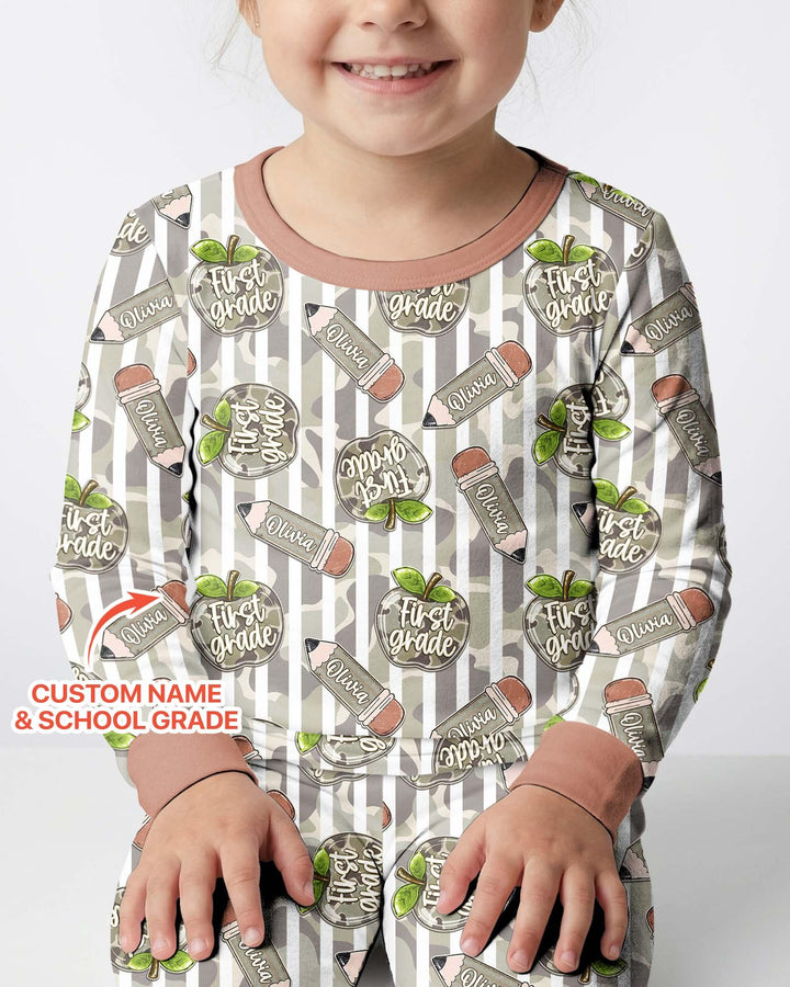 Custom Name Camo Apple Days Bamboo Two Piece Long Sleeve Pajama Set