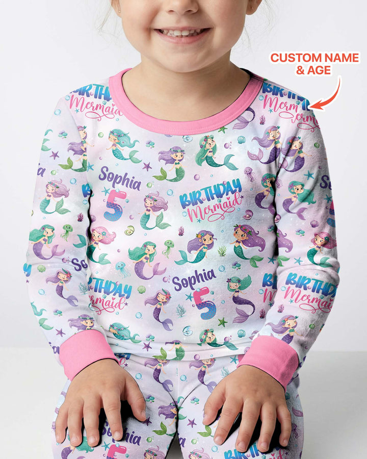 Custom Name and Age Birthday Mermaid Bamboo Two Piece Long Sleeve Pajama Set