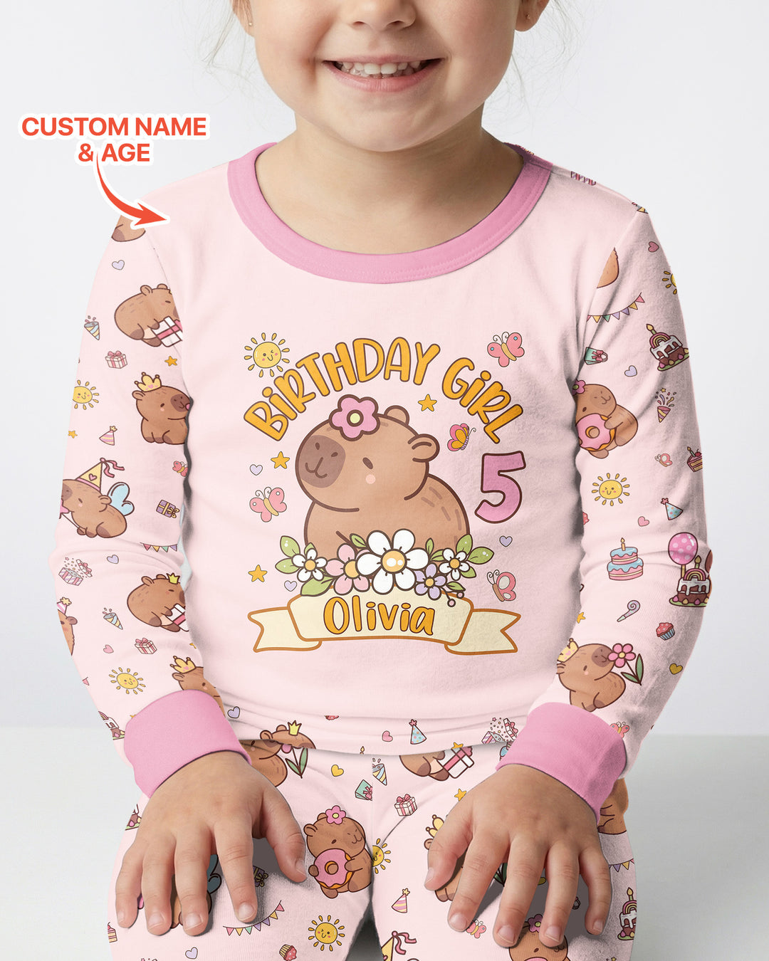 Personalized Capy Birthday Girl Bamboo Two Piece Long Sleeve Pajama Set