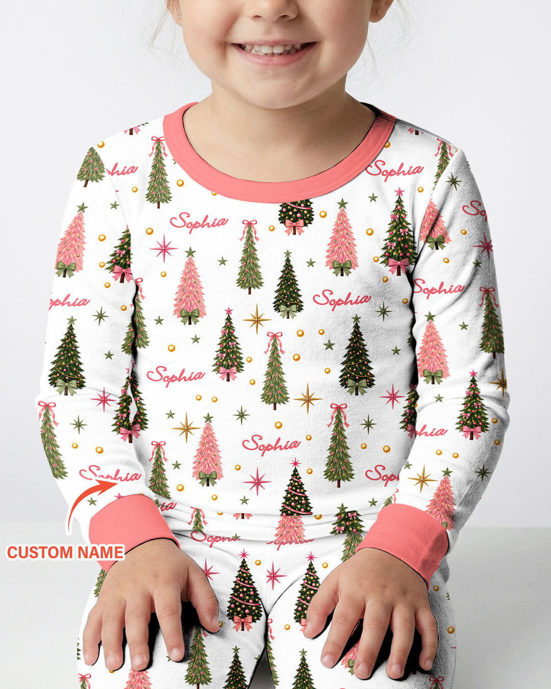 Custom Name Merry Christmas Tree Bamboo Two Piece Long Sleeve Pajama Set