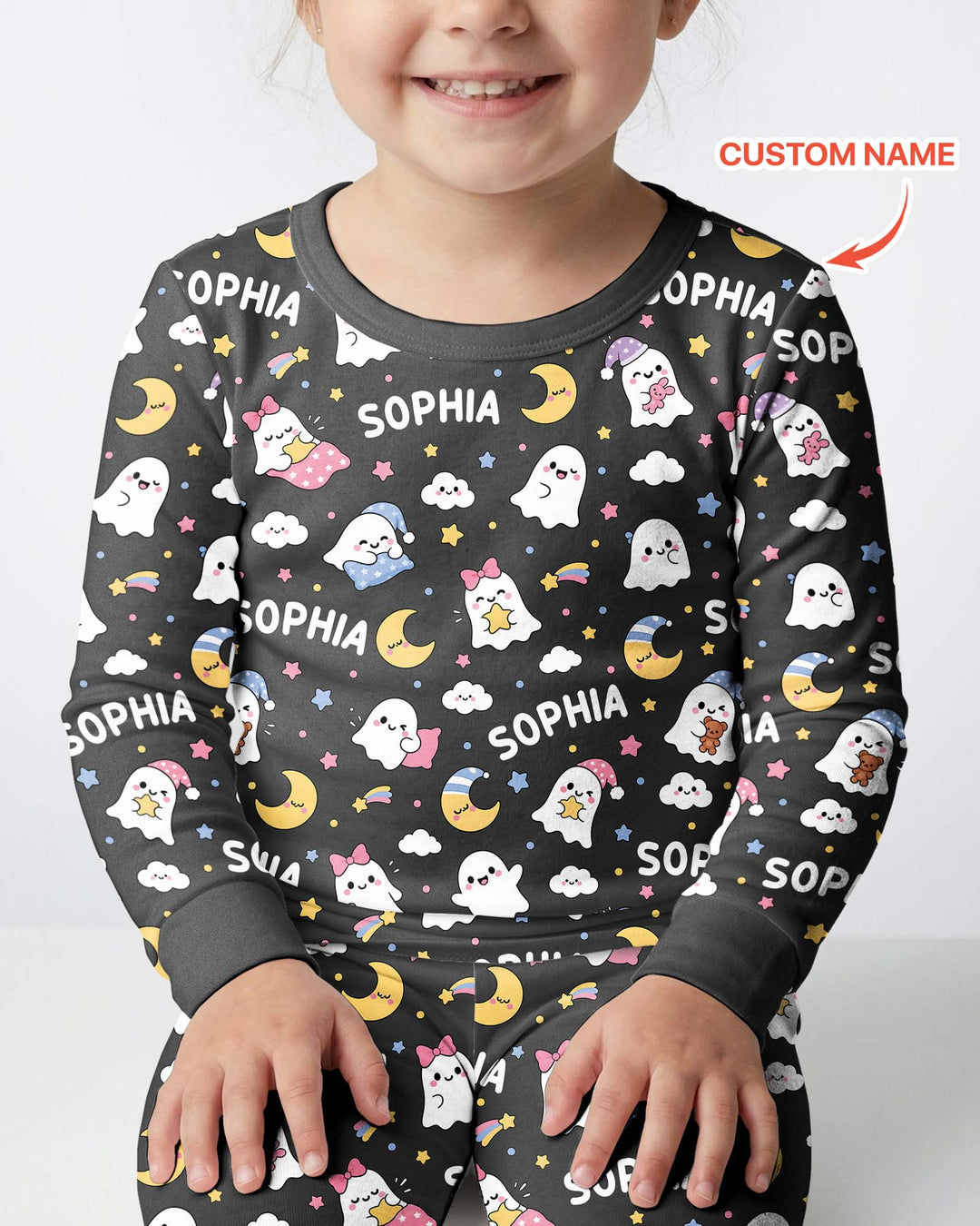 Sweet Dreams Cute Ghost Custom Name Bamboo Two Piece Long Sleeve Pajama Set
