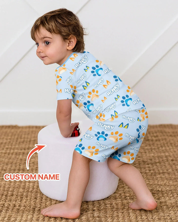Custom Name Favourite Blue Dog Family Matching Bamboo Two Piece Short Sleeve Shorts Pajama Set