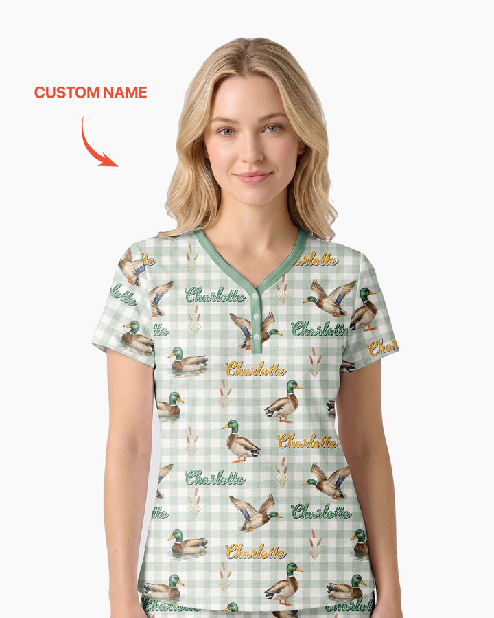 Mallard Duck Custom Name Bamboo Women Short Sleeve Short Pajama Set