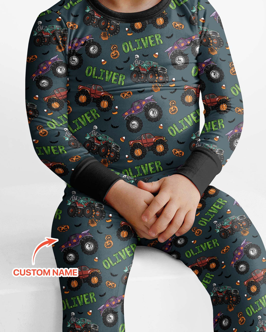 Custom Name Haunted Monster Trucks  Bamboo Two Piece Long Sleeve Pajama Set