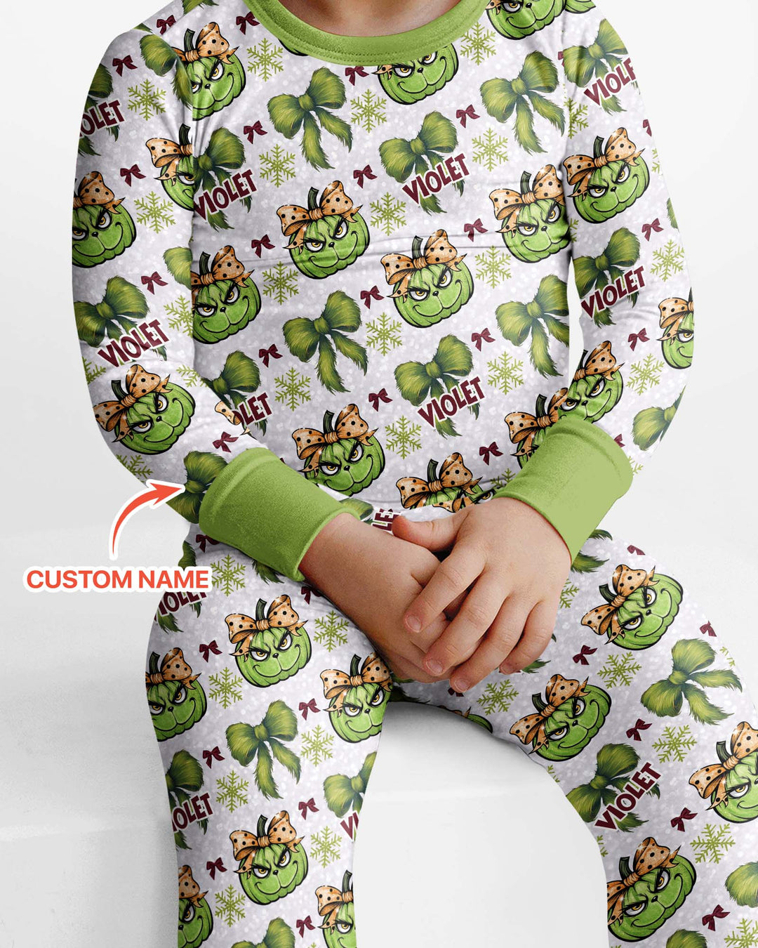 Custom Name Grumpy Green Christmas Bamboo Two Piece Long Sleeve Pajama Set