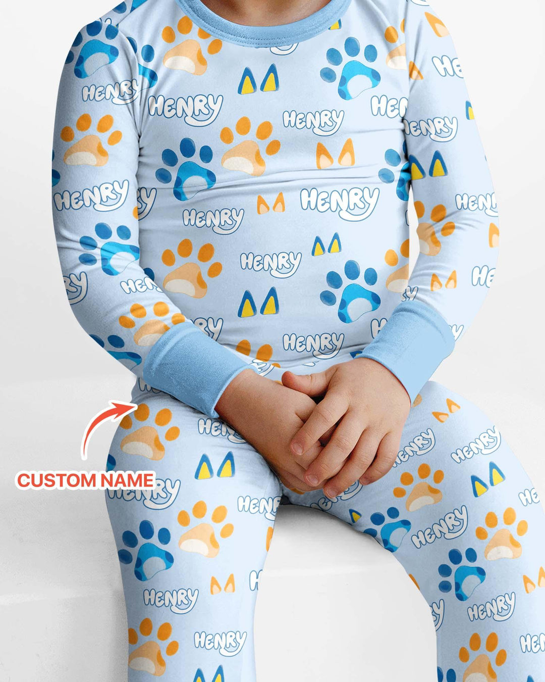 Custom Name Favourite Blue Dog Family Matching Bamboo Two Piece Long Sleeve Pajama Set