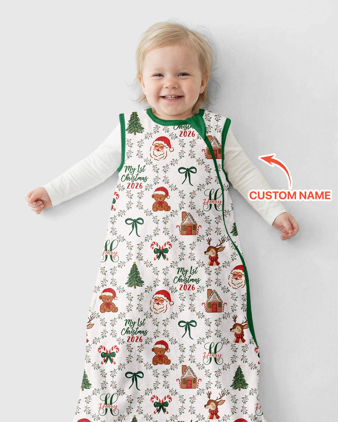 Custom name "Fancy Monogram Green Christmas 2026" Bamboo Sleep Bag