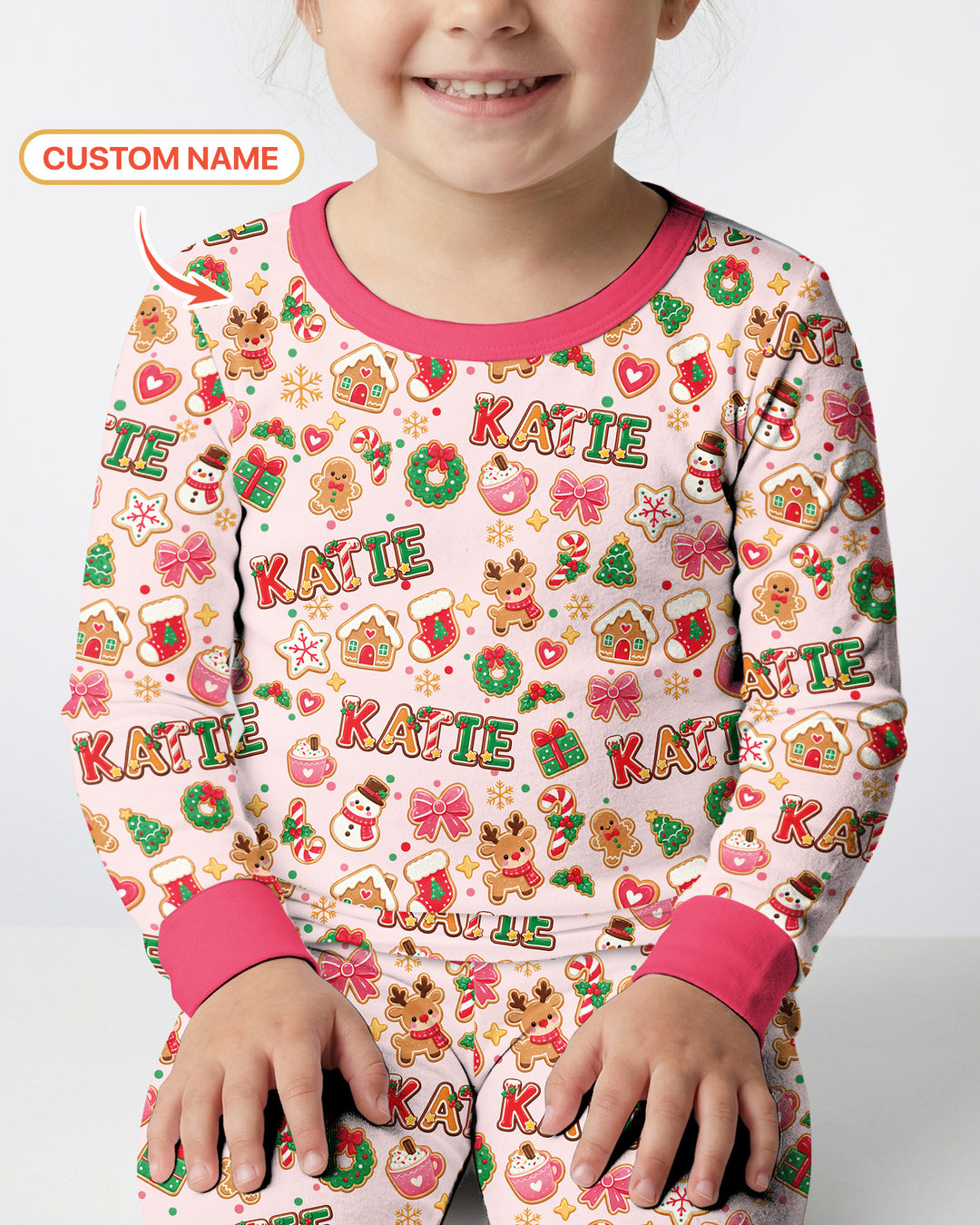 Pink GingerBread Custom Name Bamboo Two Piece Long Sleeve Pajama Set