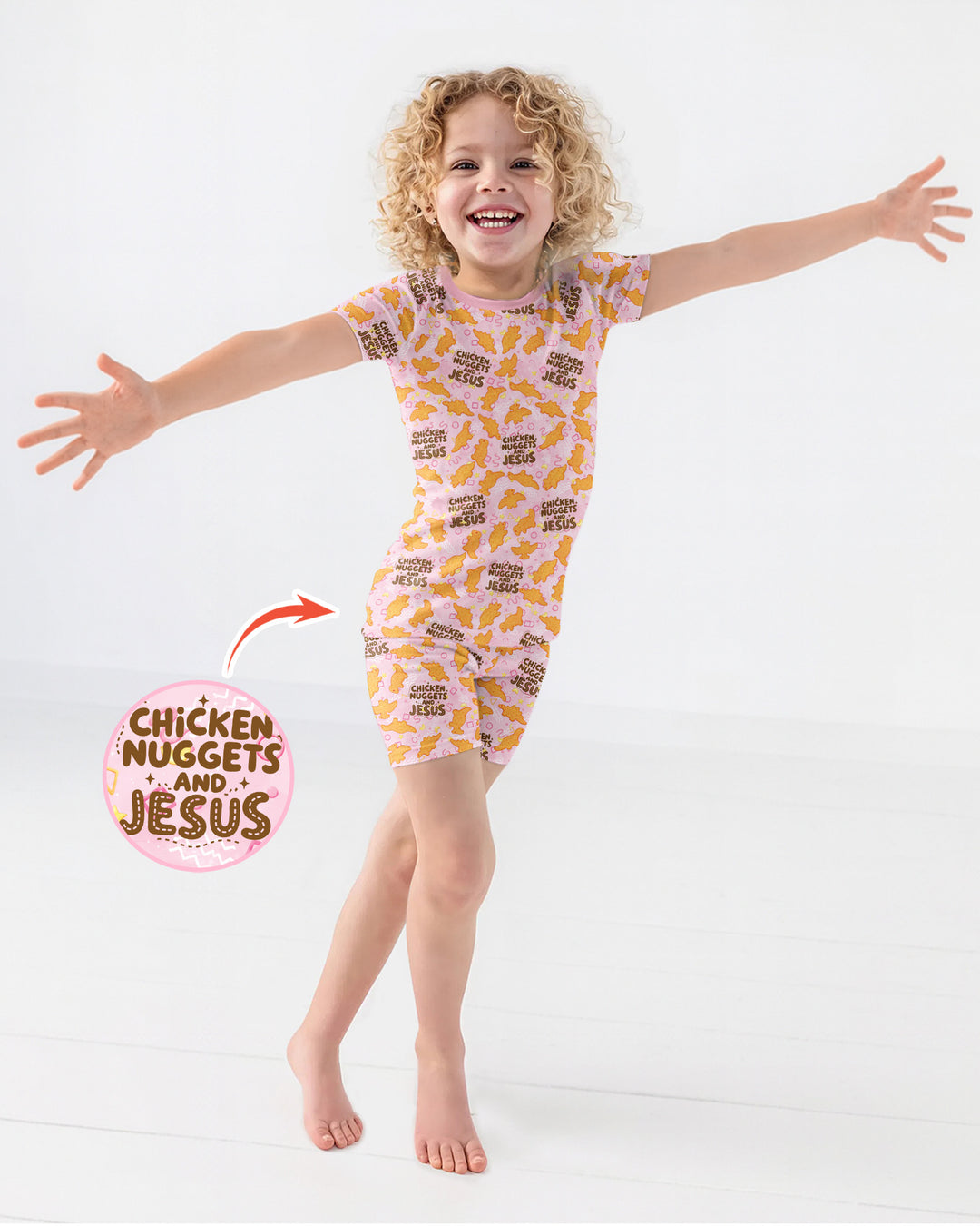 Chicken Nuggets and Jesus Family Matching Bamboo Two Piece Short Sleeve Shorts Pajama Set