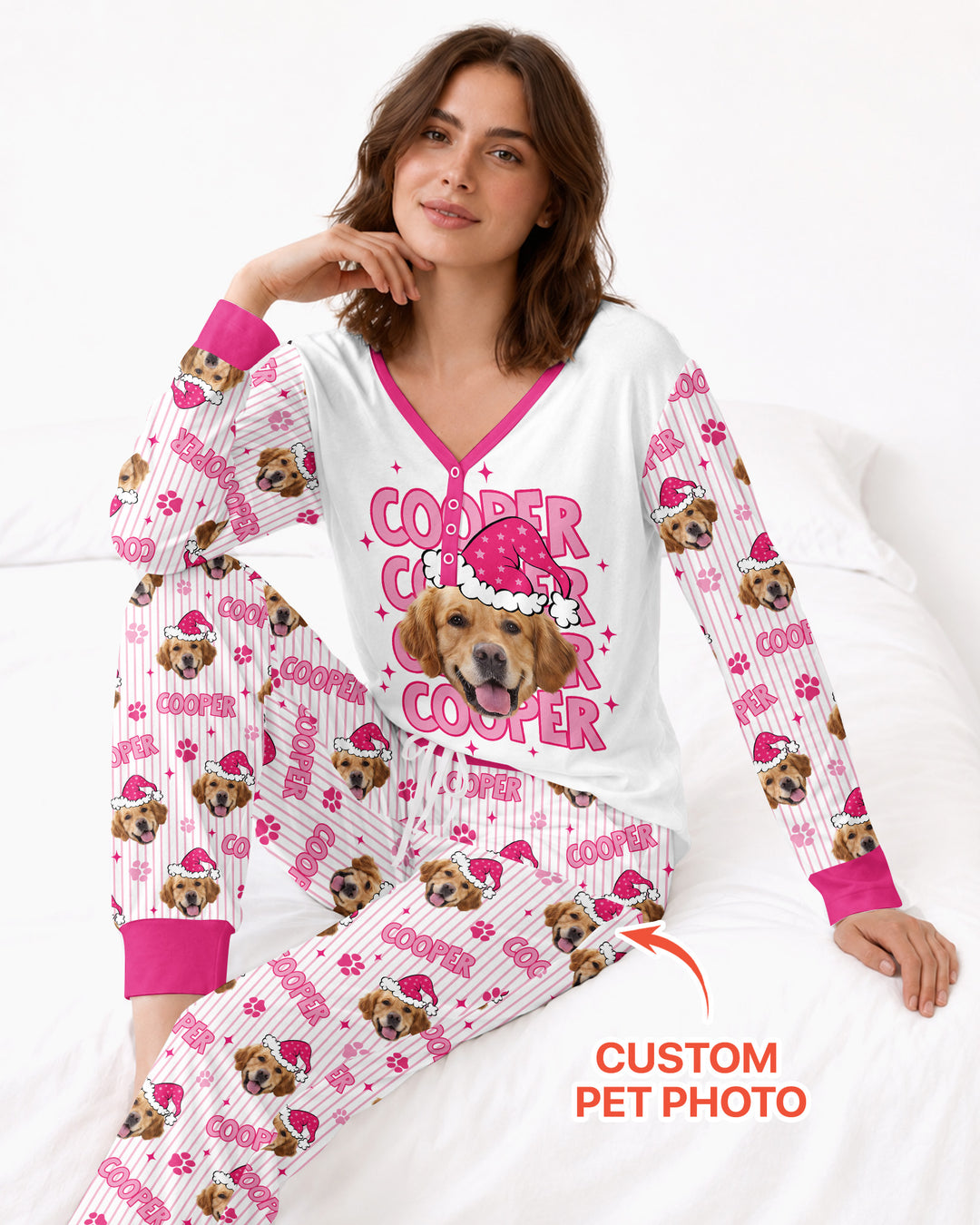 Personalized Pink Santa Dog Bamboo Women Pajama Set