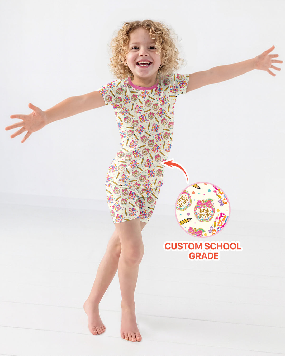 Custom School Grade First Day Cutie Bamboo Two Piece Short Sleeve Shorts Pajama Set
