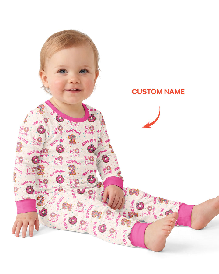 Custom Name Two Sweet Donut Bamboo Two Piece Long Sleeve Pajama Set