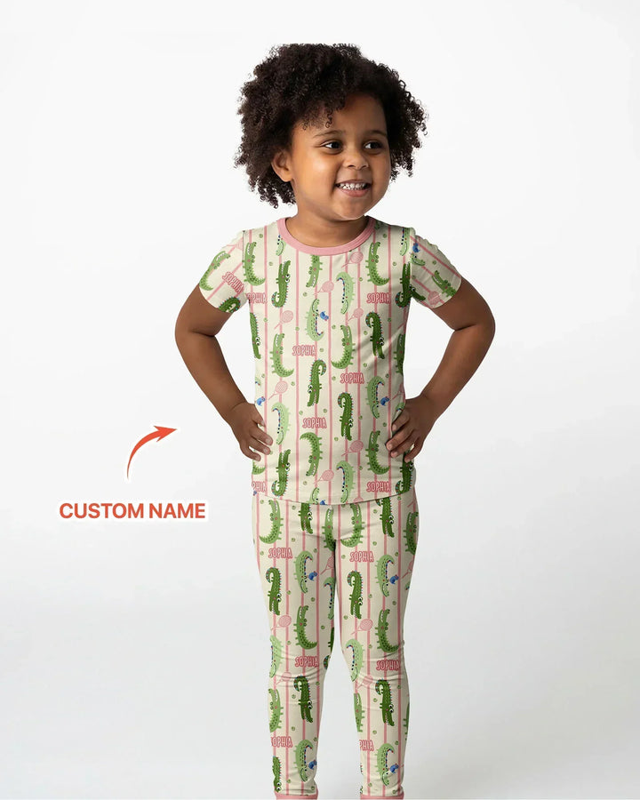 Custom Name Tennis Crocodiles Bamboo Two Piece Short Sleeve Pajama Set
