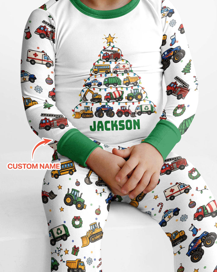 Custom Name Little Trucks Christmas Tree Bamboo Two Piece Long Sleeve Pajama Set