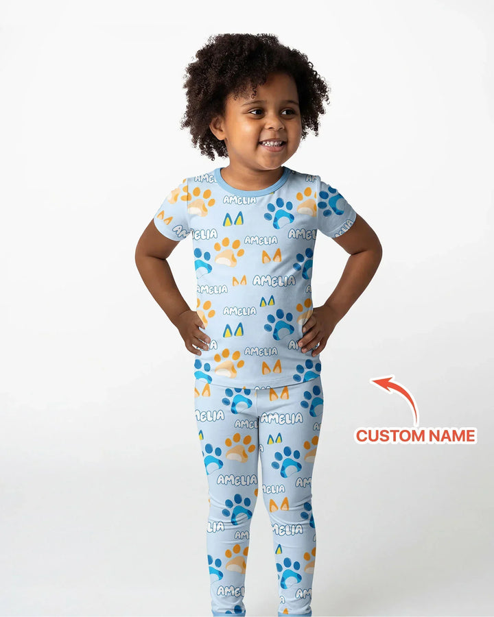 Custom Name Favourite Blue Dog Family Matching Bamboo Two Piece Short Sleeve Pajama Set