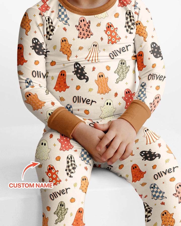 Custom Name Fall Ghost Bamboo Two Piece Long Sleeve Pajama Set