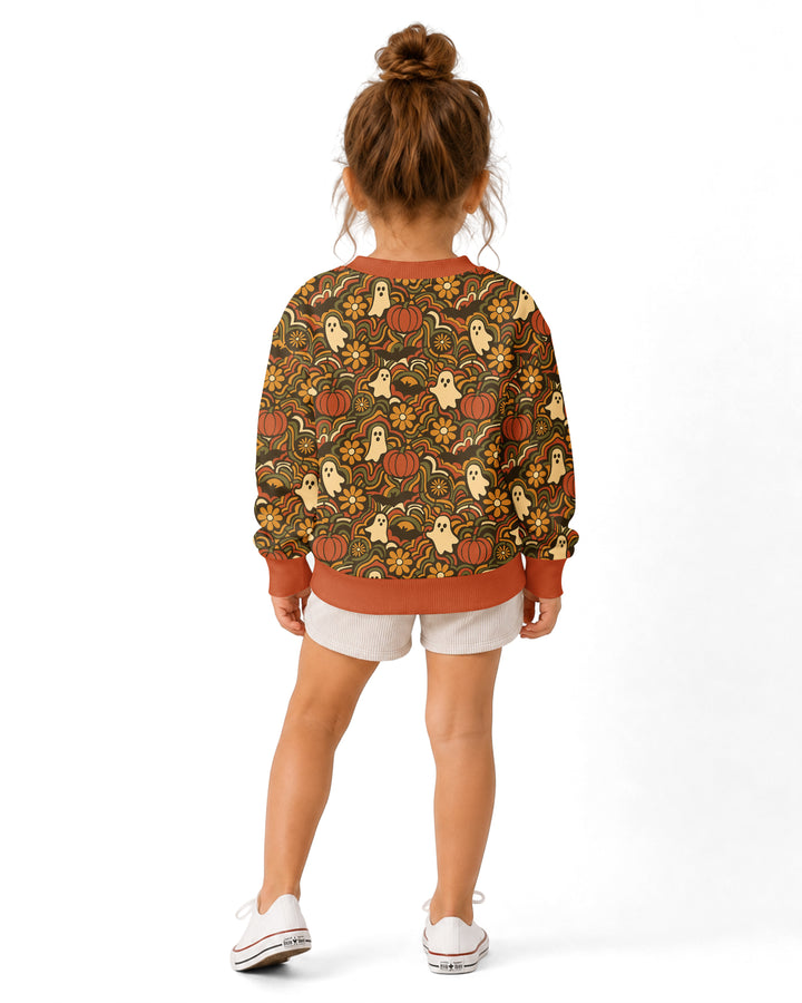 Retro Halloween Ghost Pumpkin Floral Bamboo Crewneck Sweatshirt