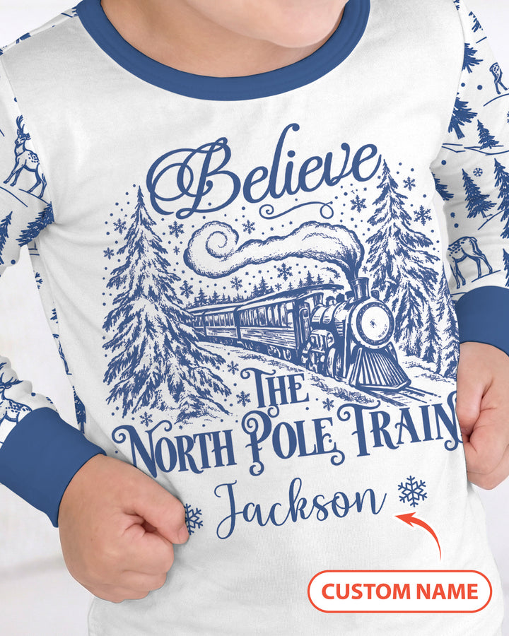 Custom Name North Pole Train Bamboo Two Piece Long Sleeve Pajama Set