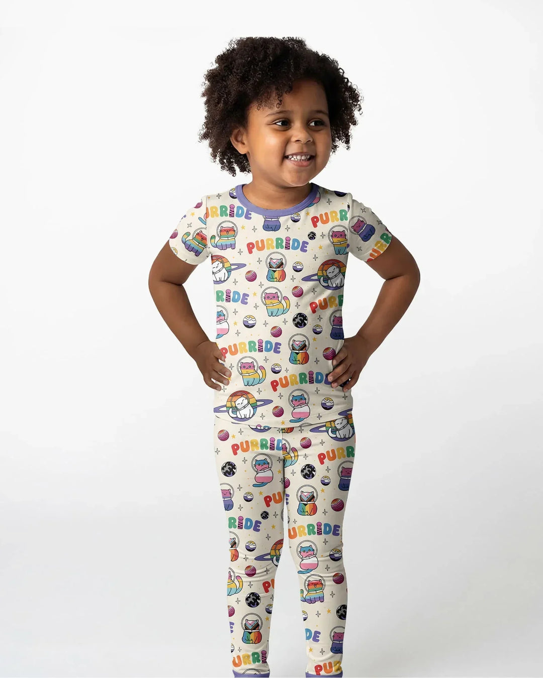 Rainbow Space Cats Family Matching Bamboo Two Piece Short Sleeve Pajama Set