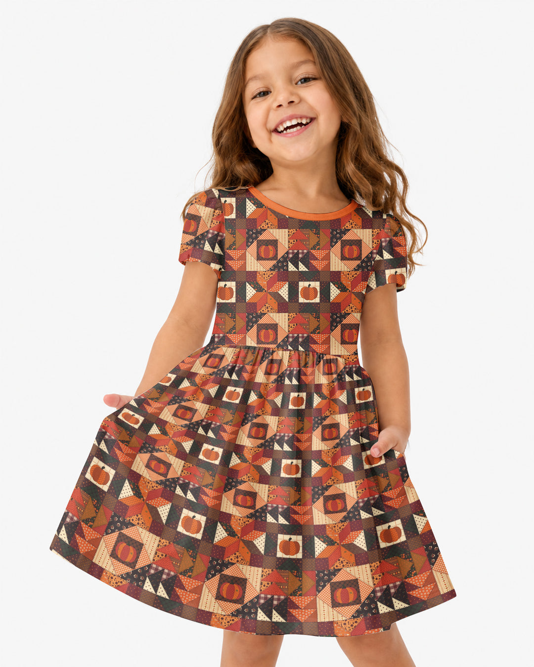 Vintage Pumpkin Patchwork Fall Bamboo Twirl Dress
