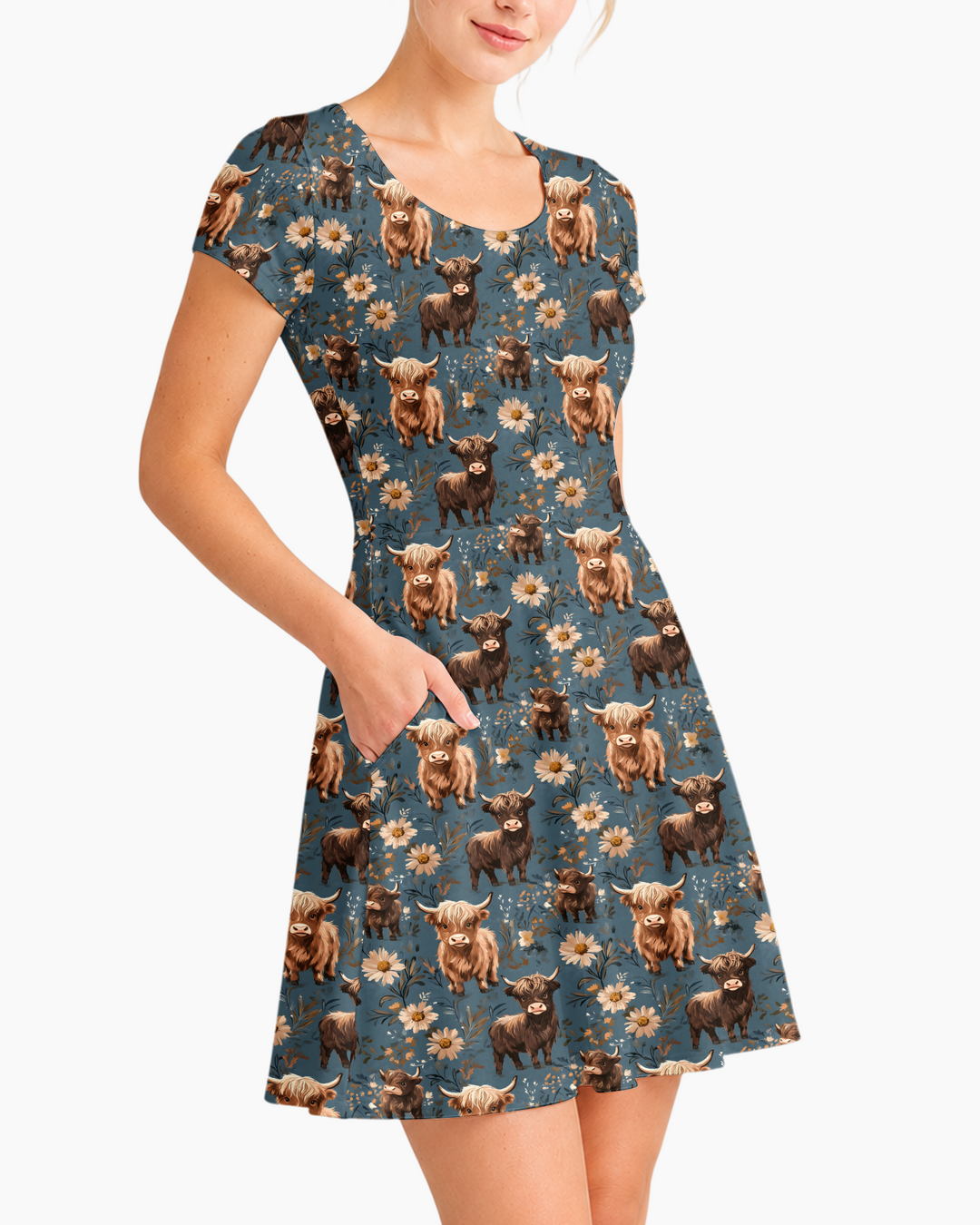 Majestic Highland Cows Family Matching  Bamboo Women’s Short Sleeve Twirl Dress