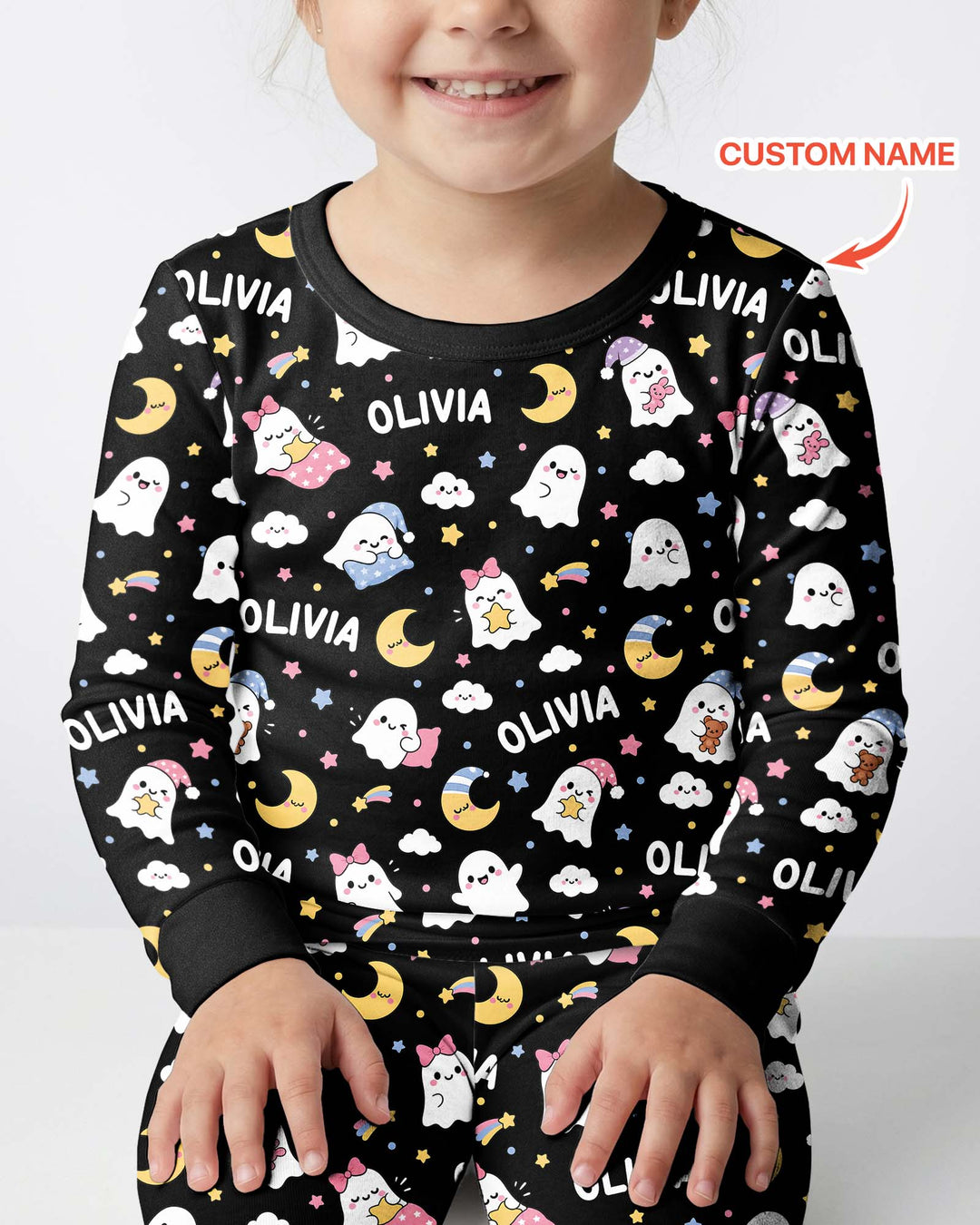 Sweet Dreams Cute Ghost Custom Name Bamboo Two Piece Long Sleeve Pajama Set