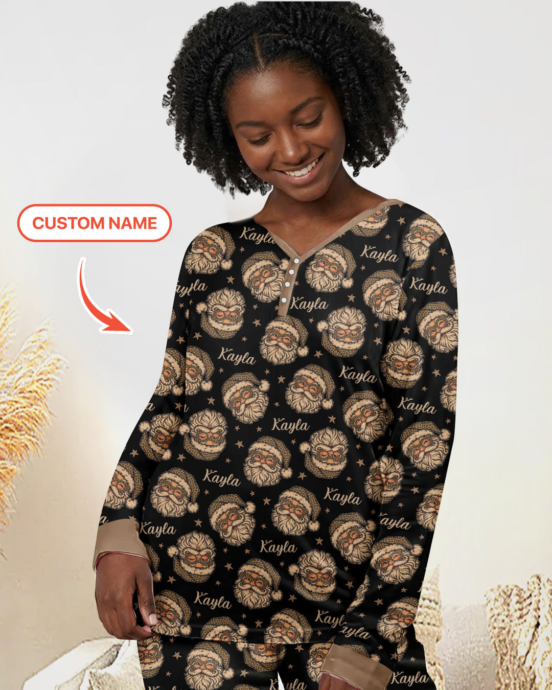 Custom Name Vintage Leopard Santa Bamboo Women Pajama Set