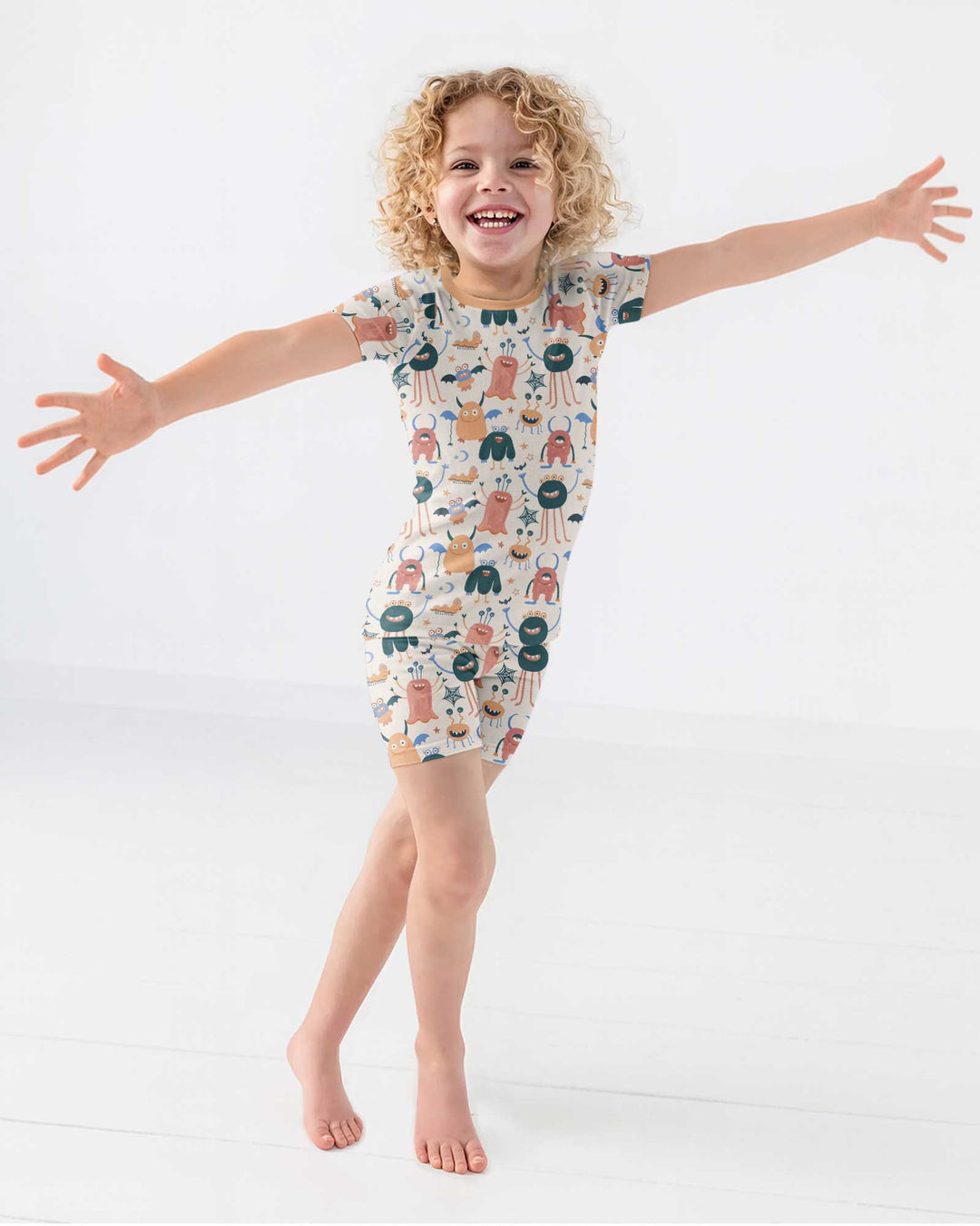 Monsters Fun Pastels Hand Painted Cute Bamboo Two Piece Short Sleeve Shorts Pajama Set