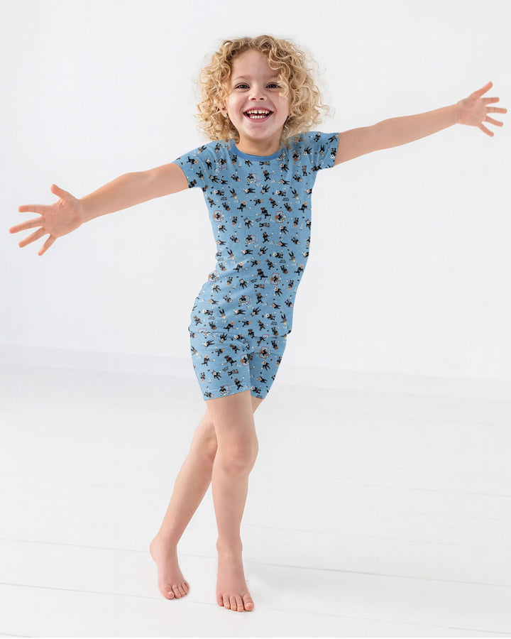 Hockey Dogs - Blue and Black Bamboo Two Piece Short Sleeve Shorts Pajama Set