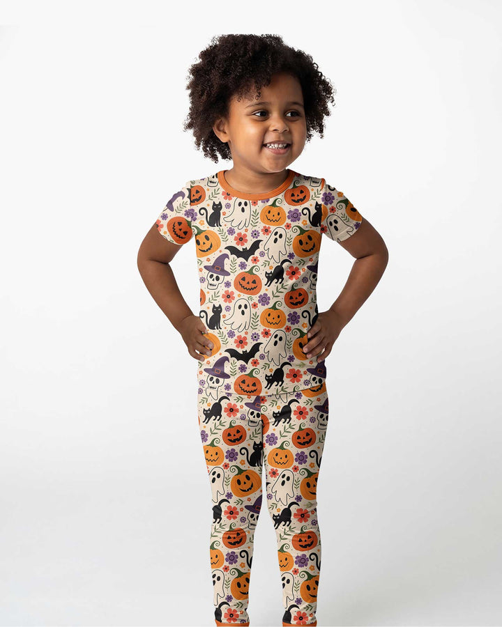 Spooky Halloween Floral Delight Bamboo Two Piece Short Sleeve Pajama Set