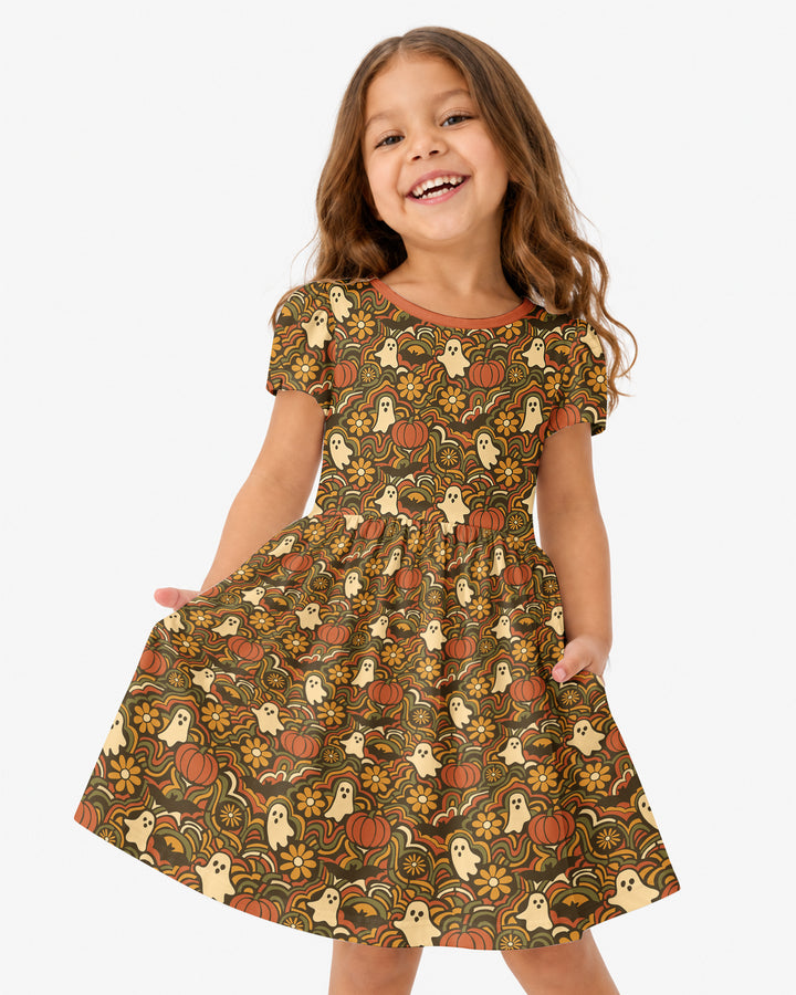 Retro Halloween Ghost Pumpkin Floral Bamboo Twirl Dress