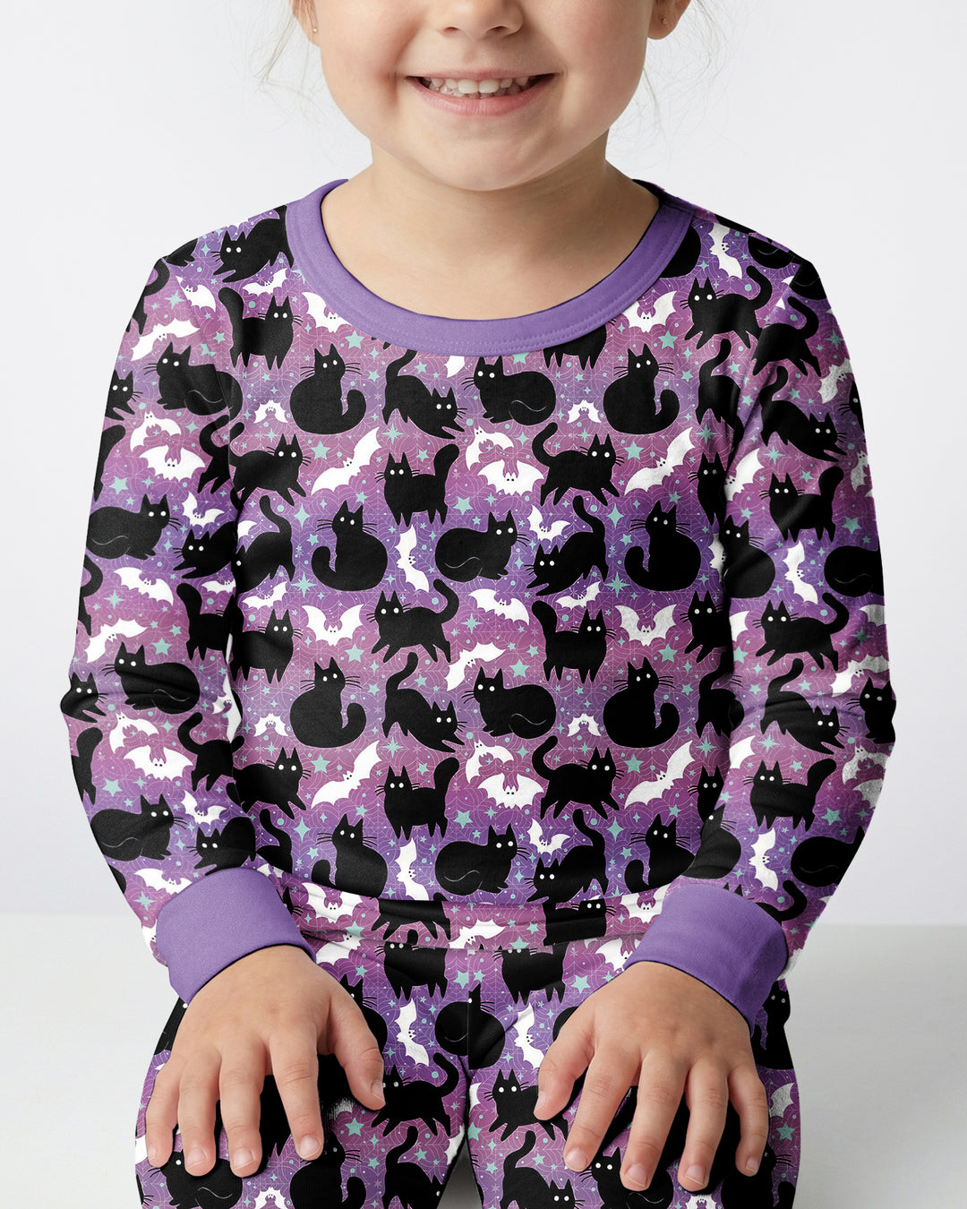 Spooky Black Cat Halloween Purple Bats Bamboo Two Piece Long Sleeve Pajama Set
