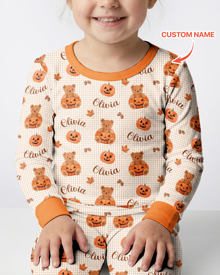 Custom Name Pumpkin Teddy Bamboo Two Piece Long Sleeve Pajama Set