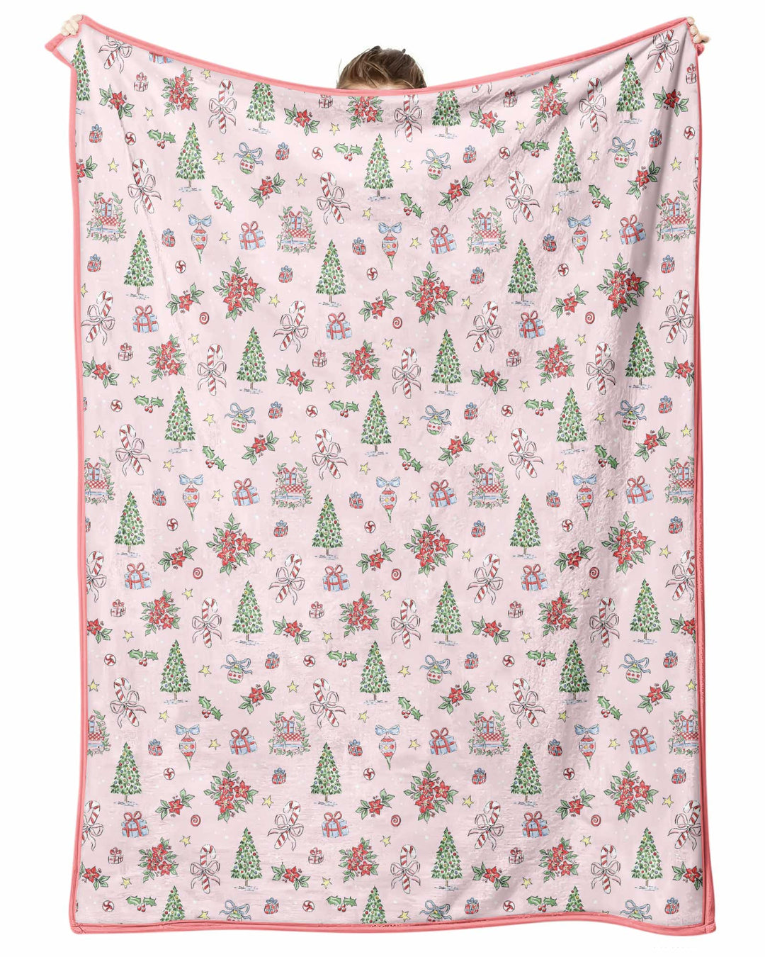 Watercolor Pink Christmas Holidays Christmas Tree Gifts Candy Cane Bamboo Blanket
