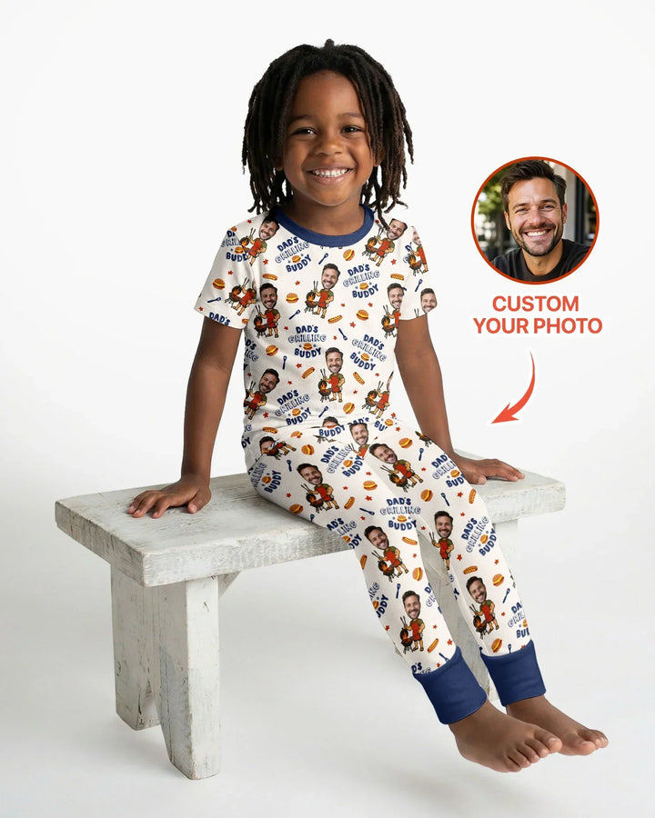 Custom Photo Dad's Grilling Buddy Family Matching Bamboo Two Piece Short Sleeve Pajama Set