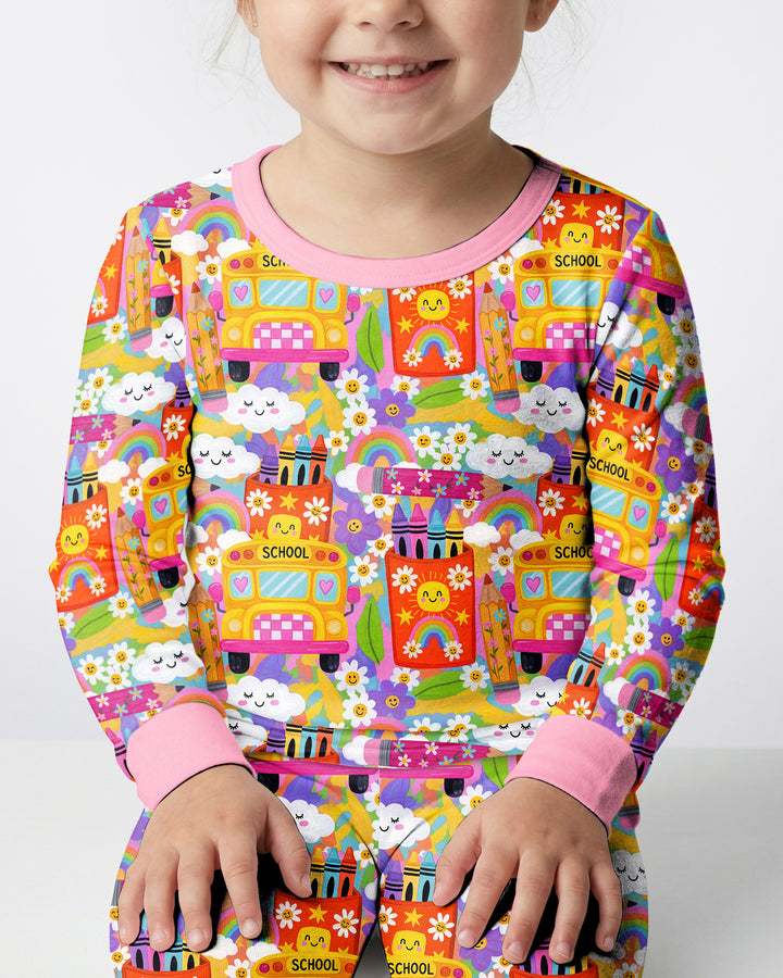 Retro Happy Classroom Bamboo Two Piece Long Sleeve Pajama Set