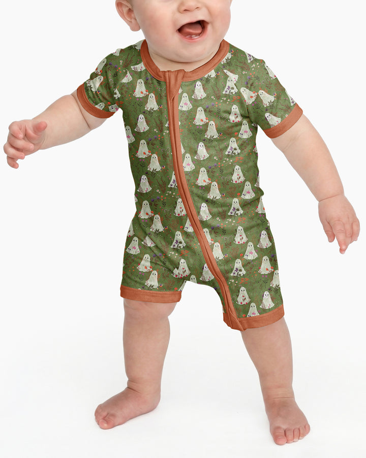Cute Ghost Halloween Moss Green Floral Bamboo Shorty Zippy