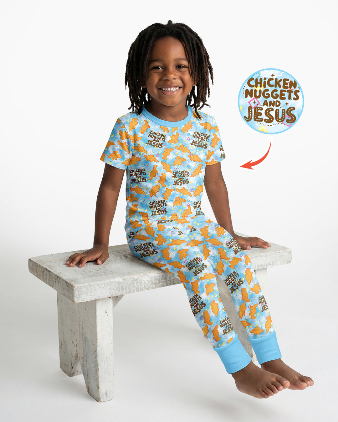 Chicken Nuggets and Jesus Family MatchingBamboo Two Piece Short Sleeve Pajama Set