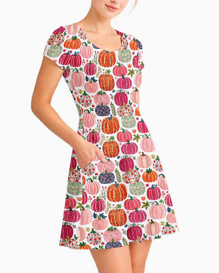 Pumpkin Patch Party Bamboo Women’s Short Sleeve Twirl Dress