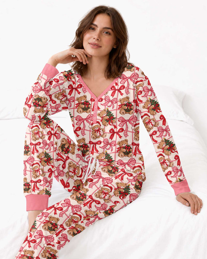 Pink Christmas Teddy Bear Plaid Mommy & Me Matching Bamboo Women Pajama Set