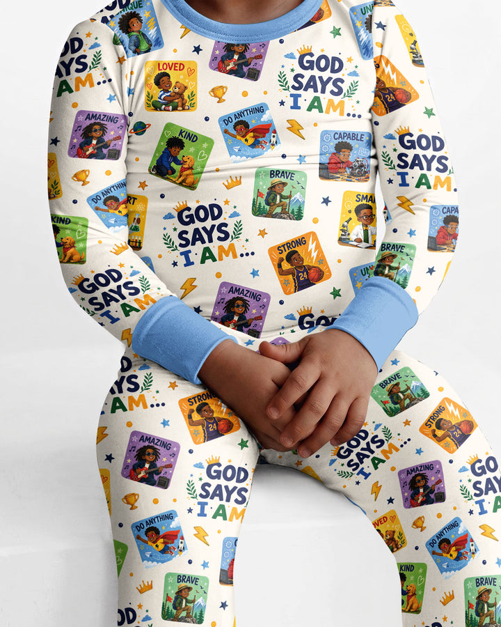 God Says I Am Black Boy Bamboo Two Piece Long Sleeve Pajama Set