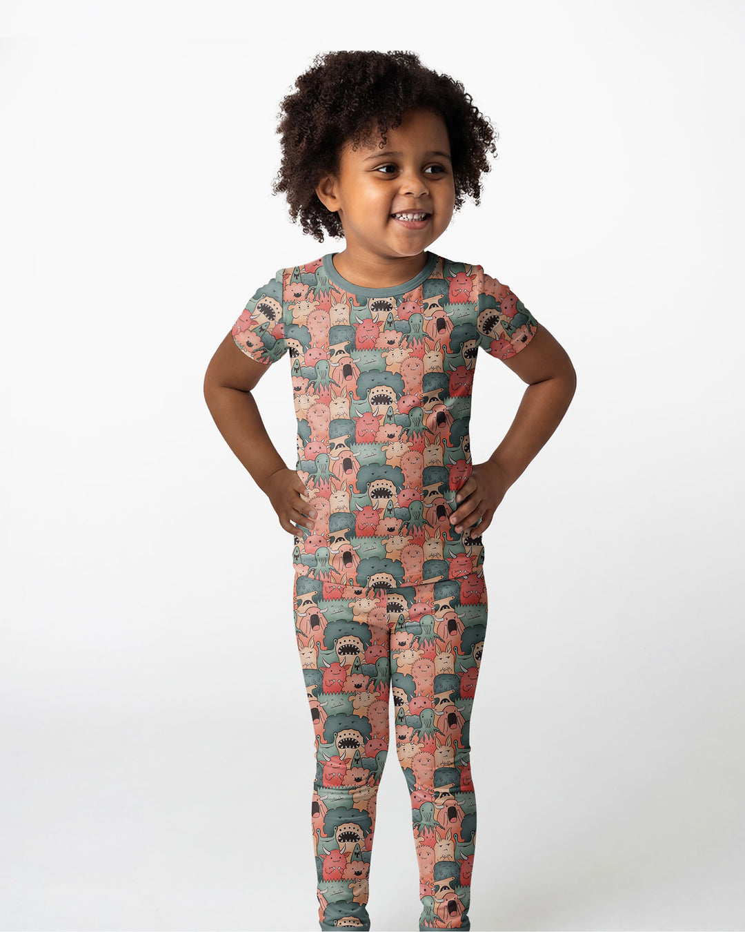 Cute Monster Crowd Bamboo Two Piece Short Sleeve Pajama Set