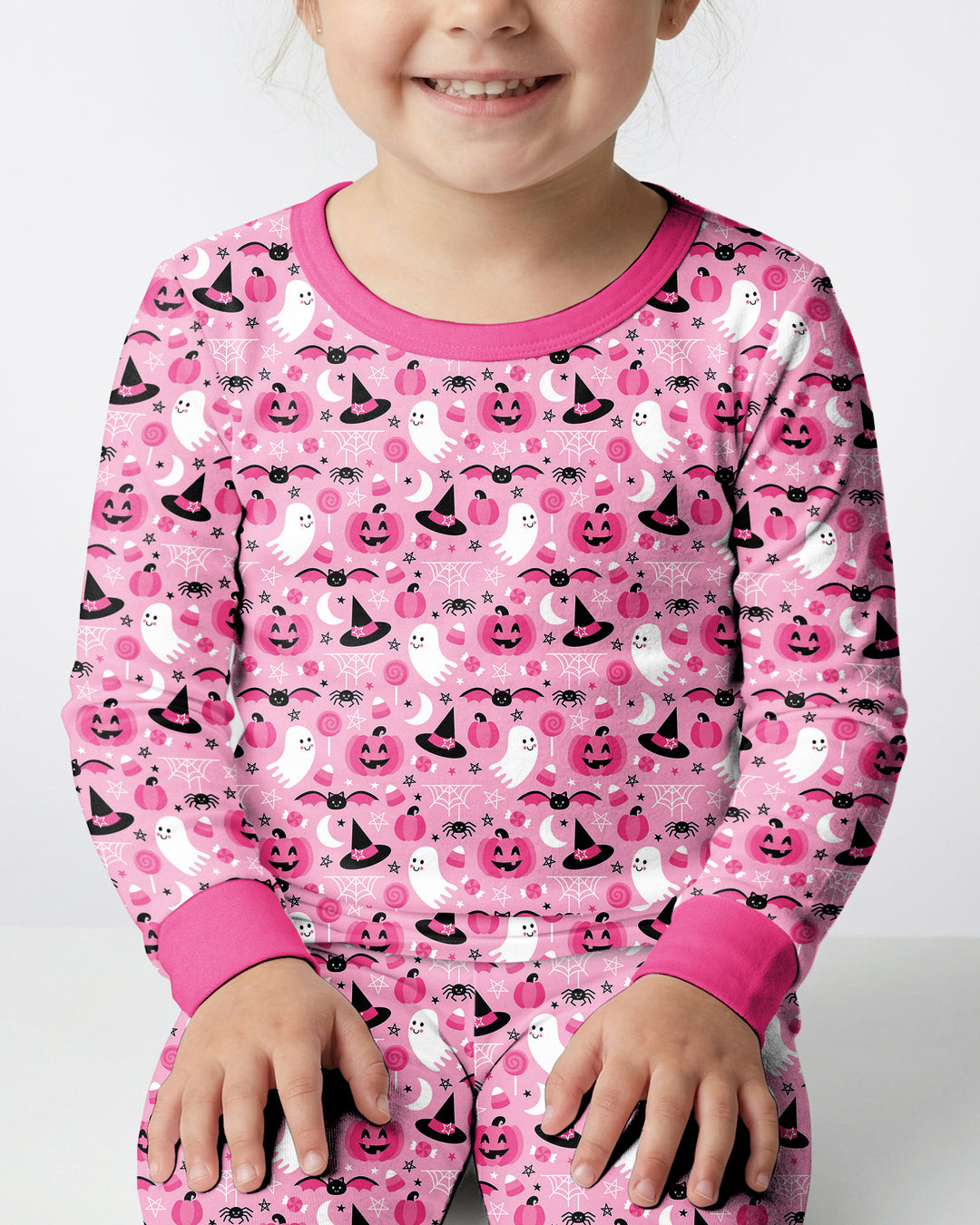 Cute Pink Halloween Ghost Pumpkin Witch Bamboo Two Piece Long Sleeve Pajama Set
