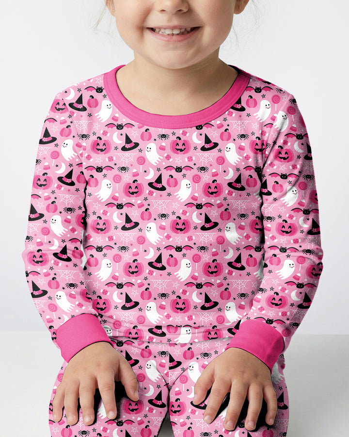 Cute Pink Halloween Ghost Pumpkin Witch Bamboo Two Piece Long Sleeve Pajama Set