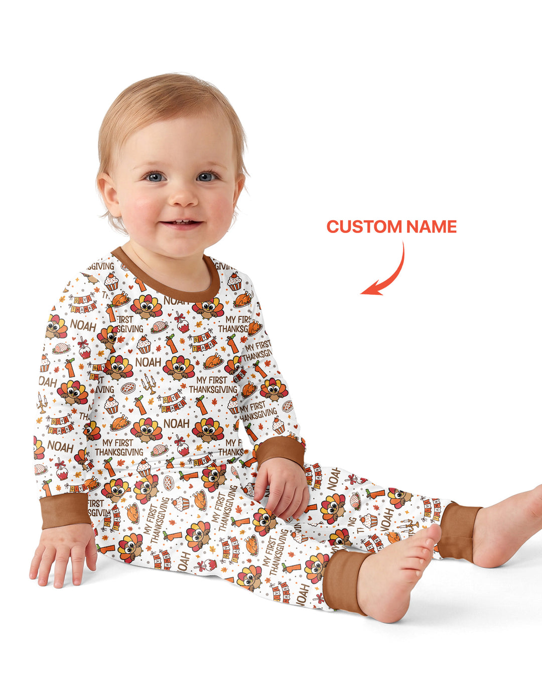 Custom Name Doodle Turkey My First Thanksgiving Bamboo Two Piece Long Sleeve Pajama Set
