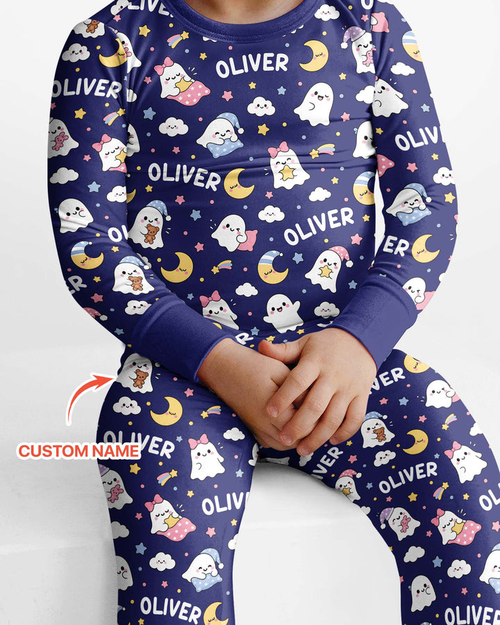 Sweet Dreams Cute Ghost Custom Name Bamboo Two Piece Long Sleeve Pajama Set